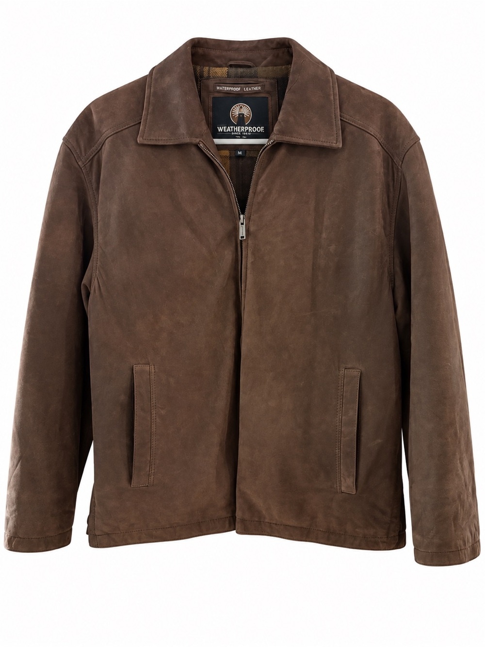 Weatherproof Menβs Brown Genuine Leather Waterproof Jacket Plaid Lined